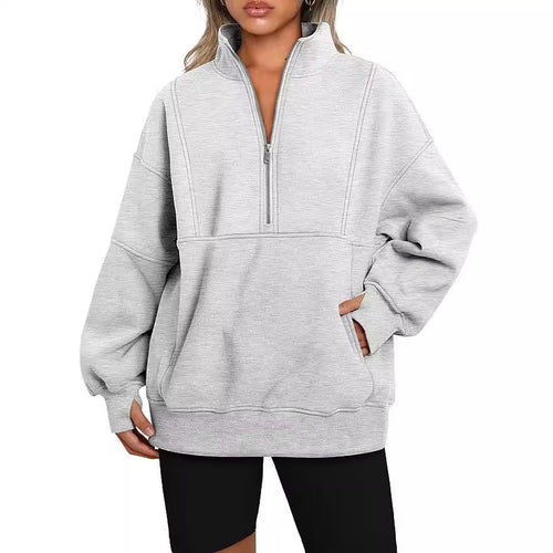 Damen Oversized Sweatshirt mit halbem Reißverschluss, Kängurutasche und Stehkragen Drune