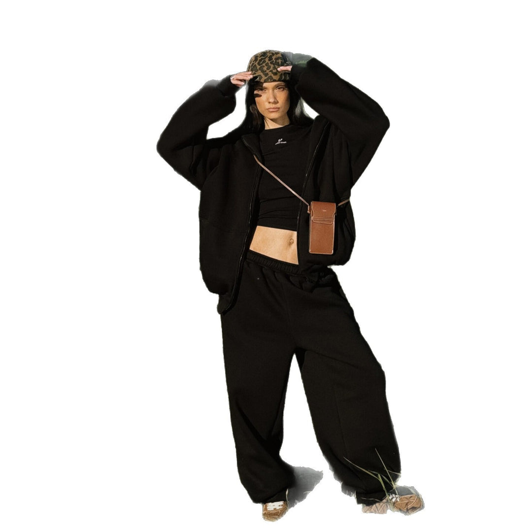 Damen Komfort-Kapuzen-Zipjacke mit verdecktem Reißverschluss, Kängurutasche und gerader Sweat-Hose Drune