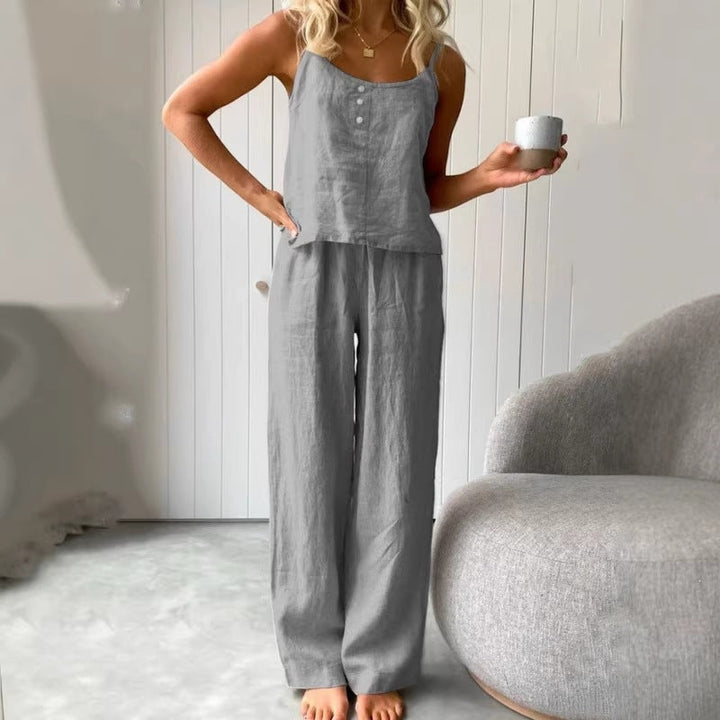 Damen lässiges Leinen-Set mit Trägershirt und weiten Hosen Drune