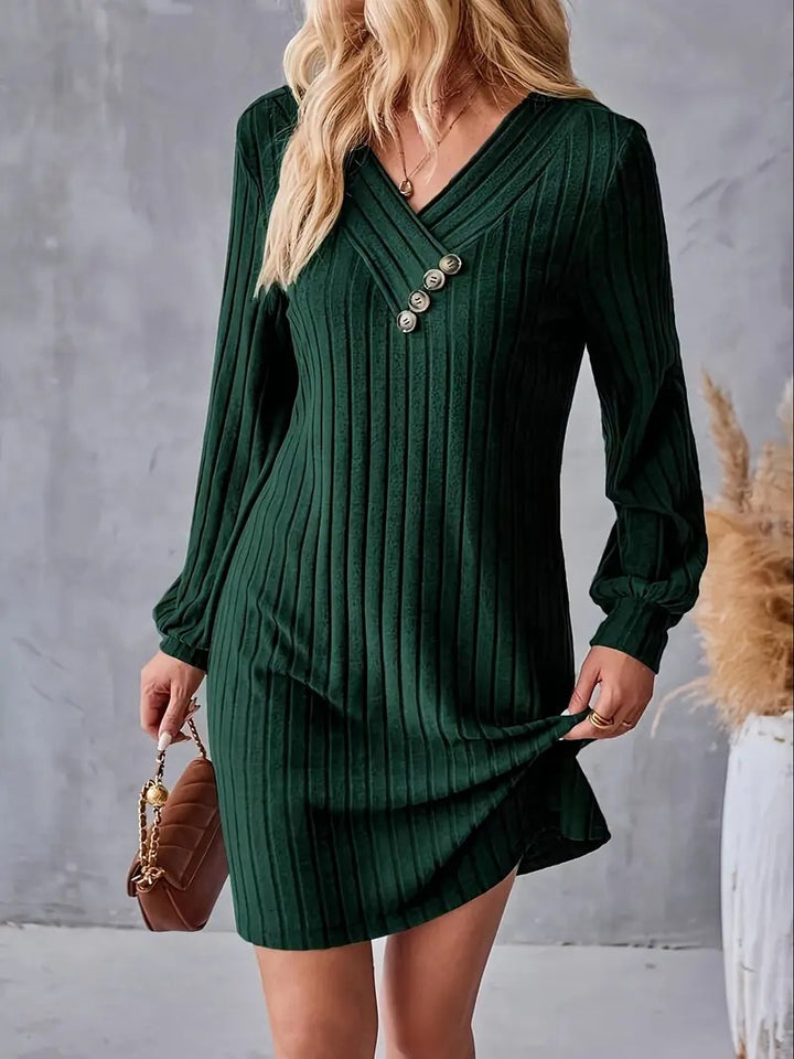 Damen Röhrenkleid mit elegantem V-Ausschnitt und dekorativen Knöpfen Drune
