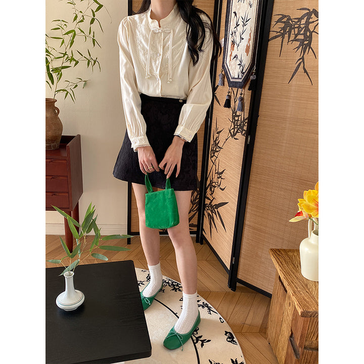 Damen elegante Bluse mit Rüschen und Perlen Drune