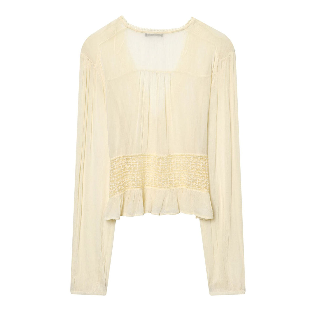 Damen nan leichte V-Neck Bluse mit Smok-Taillenband, Perlmuttknopfleiste und Volant-Saum Drune