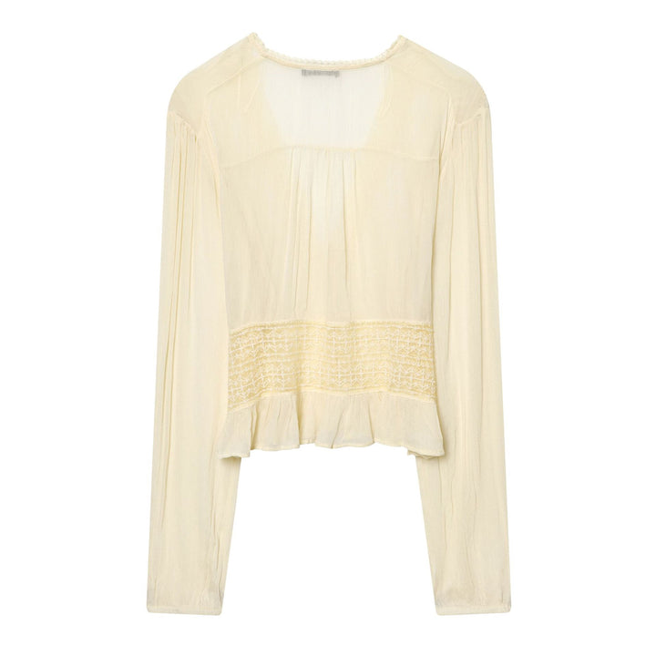 Damen nan leichte V-Neck Bluse mit Smok-Taillenband, Perlmuttknopfleiste und Volant-Saum Drune