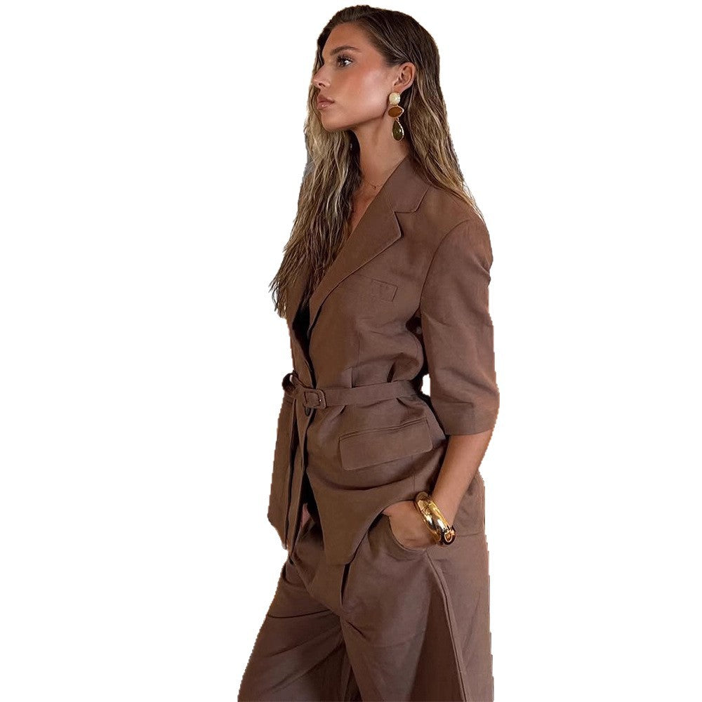 Damen Leinen-Mix taillierter Blazer mit Gürtel, 3/4-Ärmeln & Pattentaschen Drune