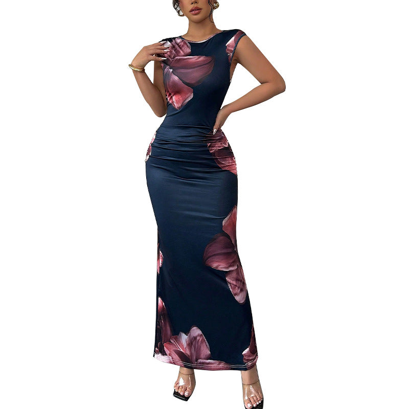 Damen elegantes Maxi-Kleid mit floralem Drapierungsdesign und figurbetonendem Schnitt Drune