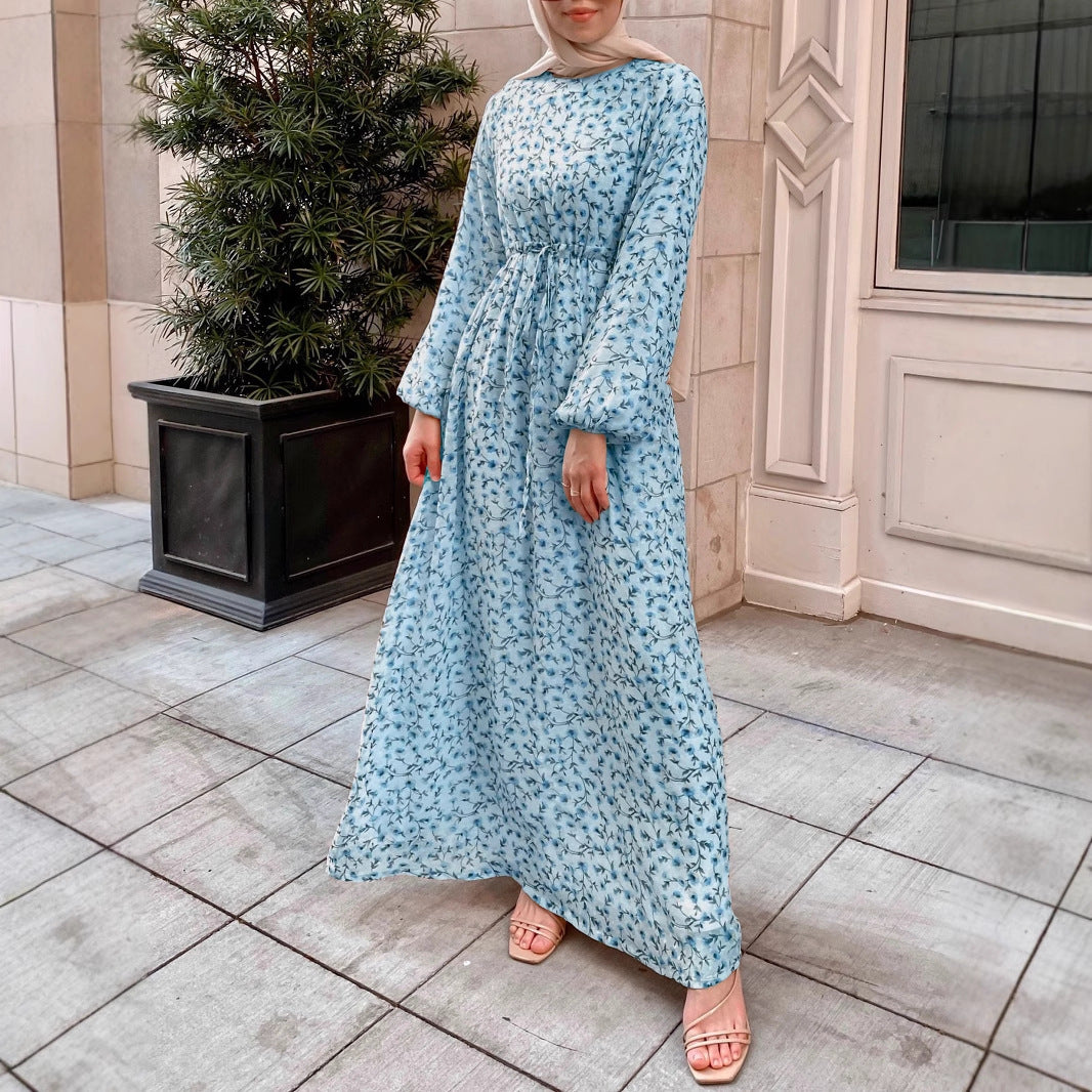 Damen Geblümtes Maxikleid mit Kordel-Taille und Ballonärmeln Drune