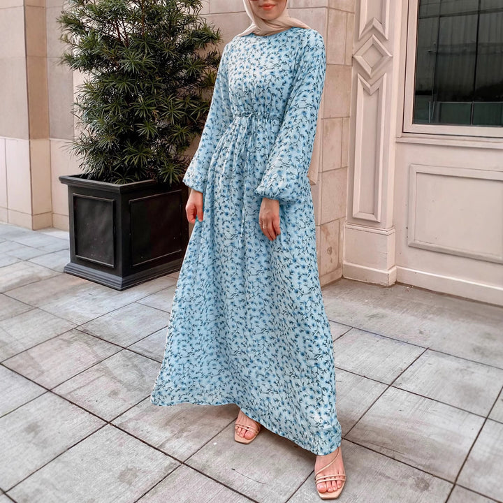 Damen Geblümtes Maxikleid mit Kordel-Taille und Ballonärmeln Drune