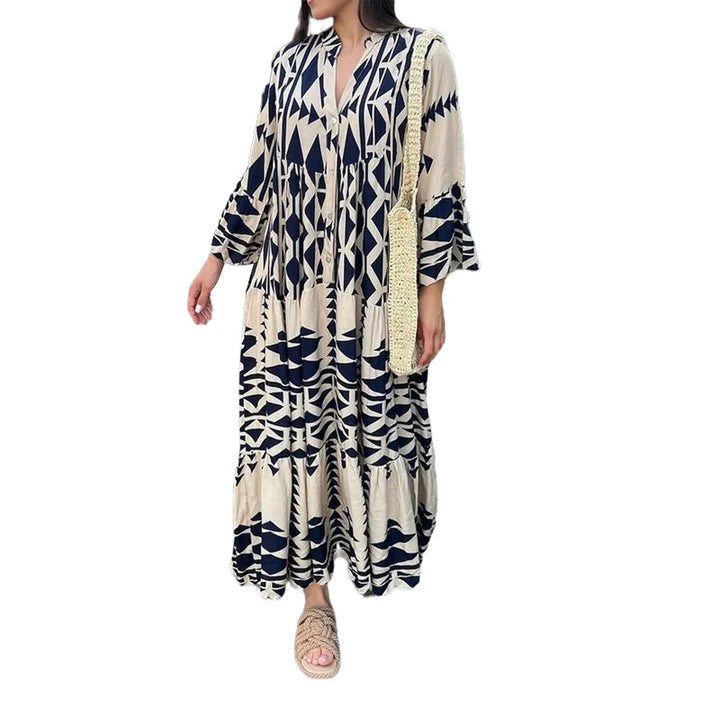 Damen Maxikleid mit geometrischem Muster und fließendem Schnitt Drune