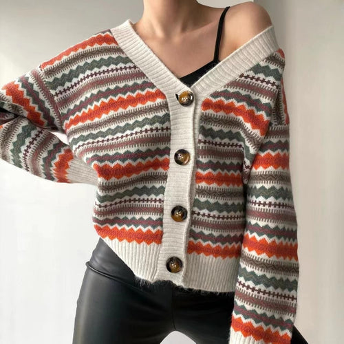 Damen modische Strickjacke mit grafischem Muster und Knopfleiste Drune