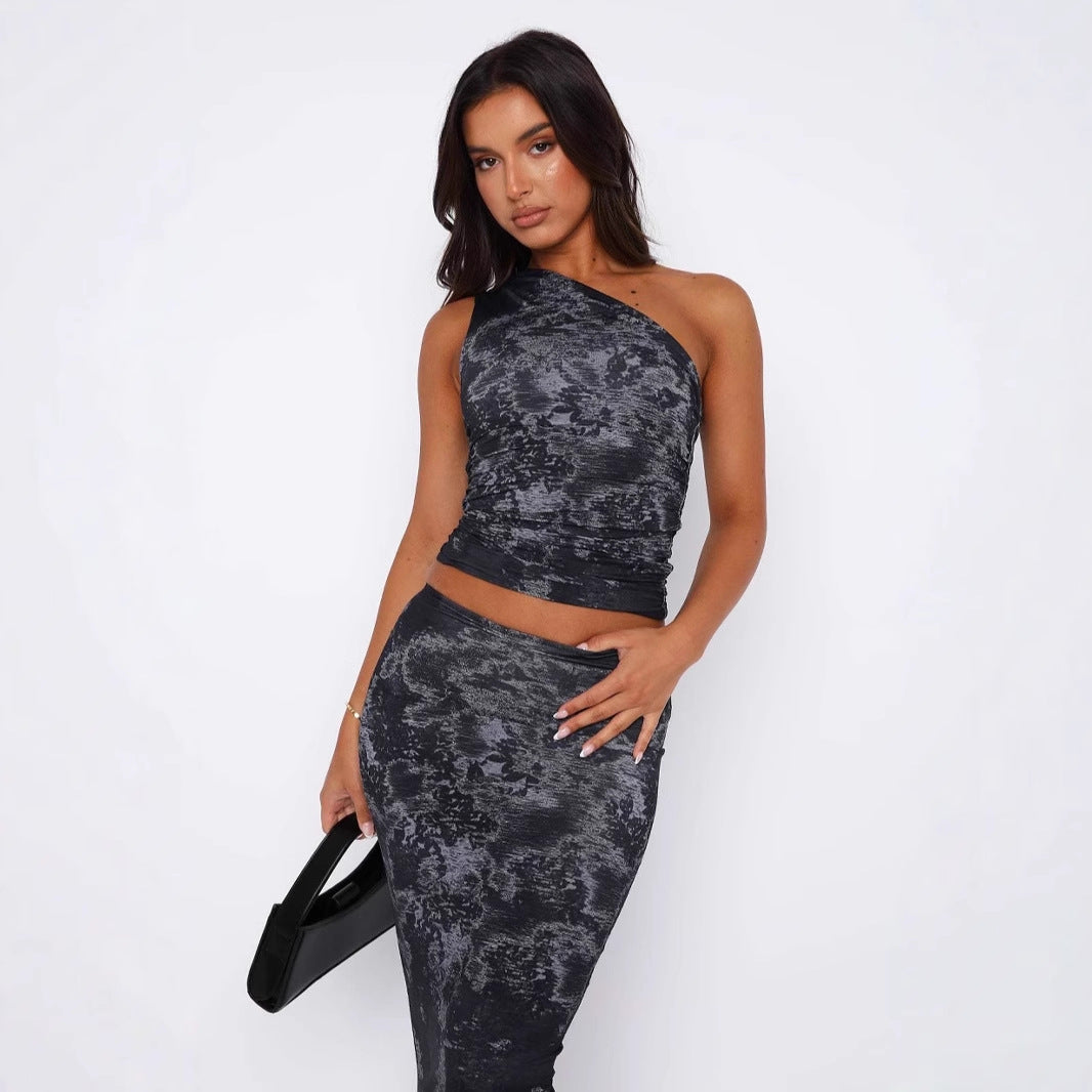Damen figurbetontes Set mit asymmetrischem Oberteil und schmalem Rock Drune