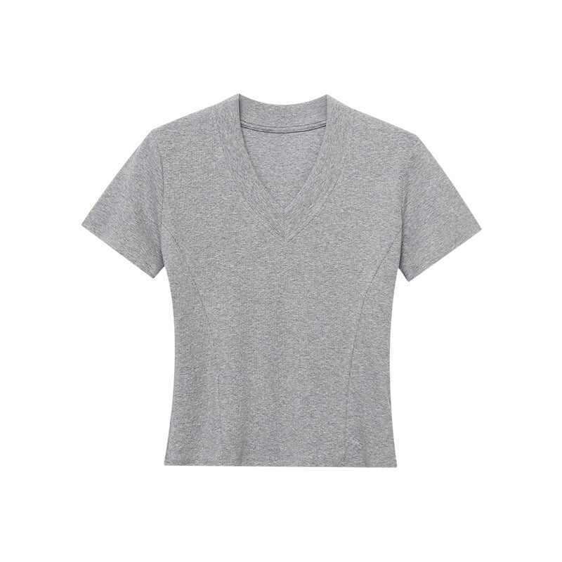 Damen figurbetontes V-Ausschnitt T-Shirt aus hochwertigem Rippstrick Drune