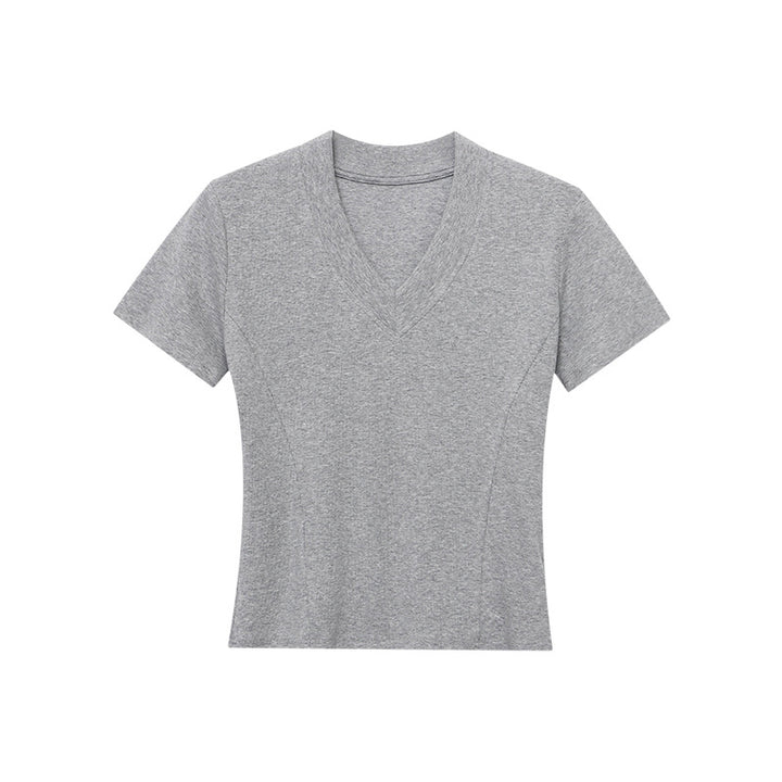 Damen figurbetontes V-Ausschnitt T-Shirt aus hochwertigem Rippstrick Drune