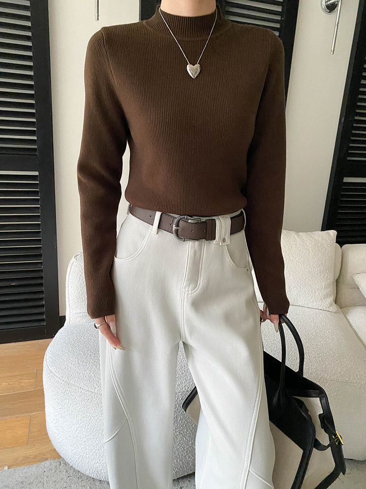 Damen figurbetontes Strickoberteil mit hohem Kragen und eleganten Rippdetails Drune