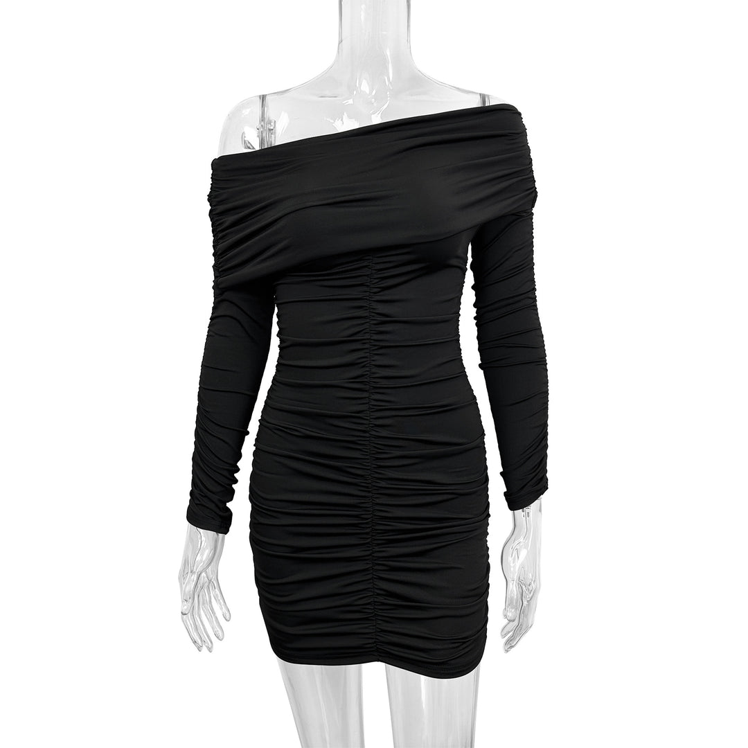 Damen Figurbetontes Off-Shoulder Kleid mit Raffung und langen Ärmeln Drune