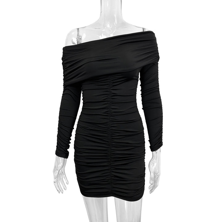 Damen Figurbetontes Off-Shoulder Kleid mit Raffung und langen Ärmeln Drune