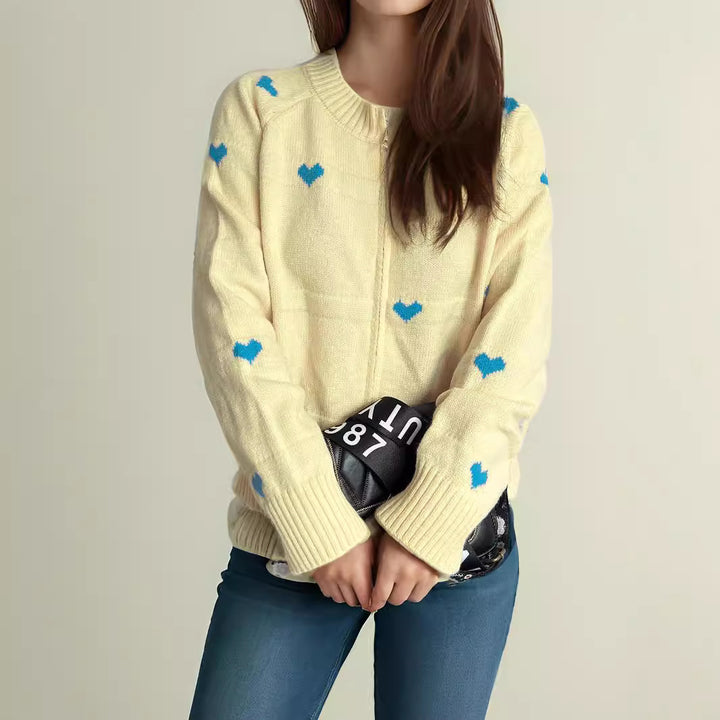 Damen modischer Strickcardigan mit Herzmuster und Reißverschluss Drune