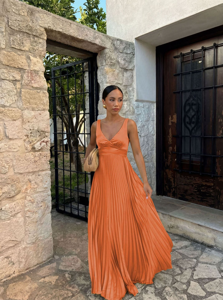 Damen Plisseekleid mit tiefem V-Ausschnitt und eleganter Silhouette Drune