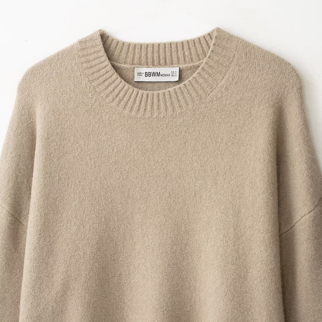 Damen Oversize-Feinstrickpullover mit Rundhalsausschnitt, überschnittener Schulter und extra langen Rippbündchen Drune