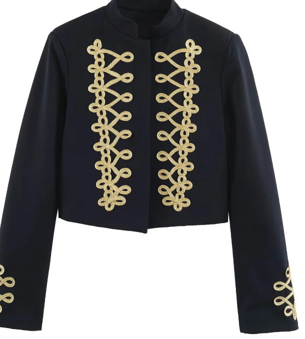 Damen Cropped Militärjacke mit Stehkragen und dekorativen Zierkordeln Drune
