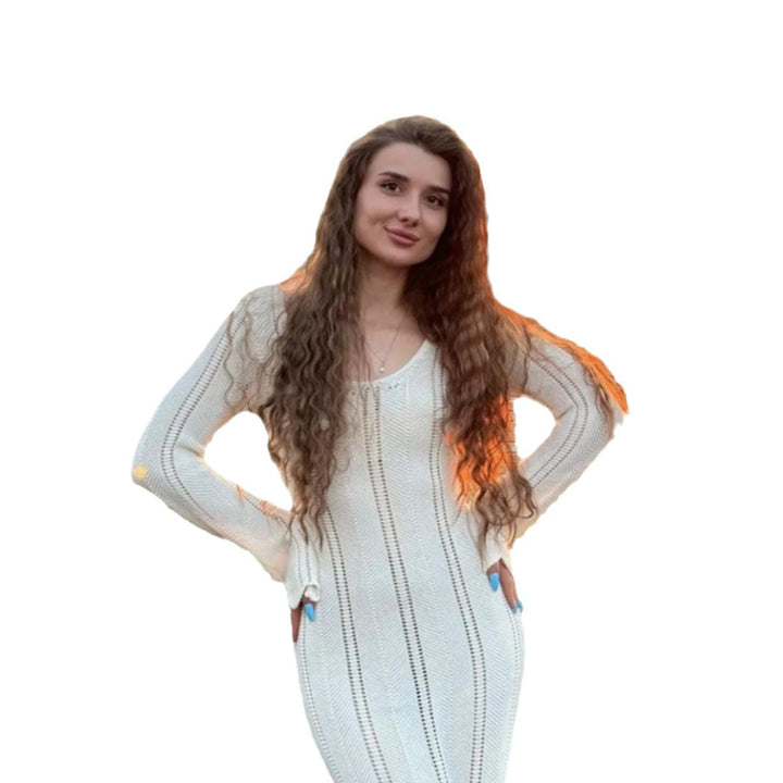 Damen Strickmaxikleid mit raffiniertem Lochmuster und tiefem V-Ausschnitt Drune