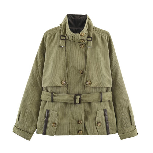 Damen Taillierte Cordfeldjacke mit Stehkragen Schulterpasse und Gürtel Drune