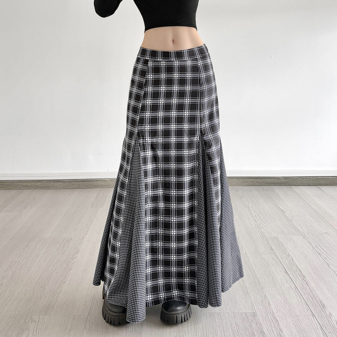 Damen Maxirock mit taillierter Passform, kontrastierenden Karopaneelen und ausgestellter Godet-Silhouette Drune