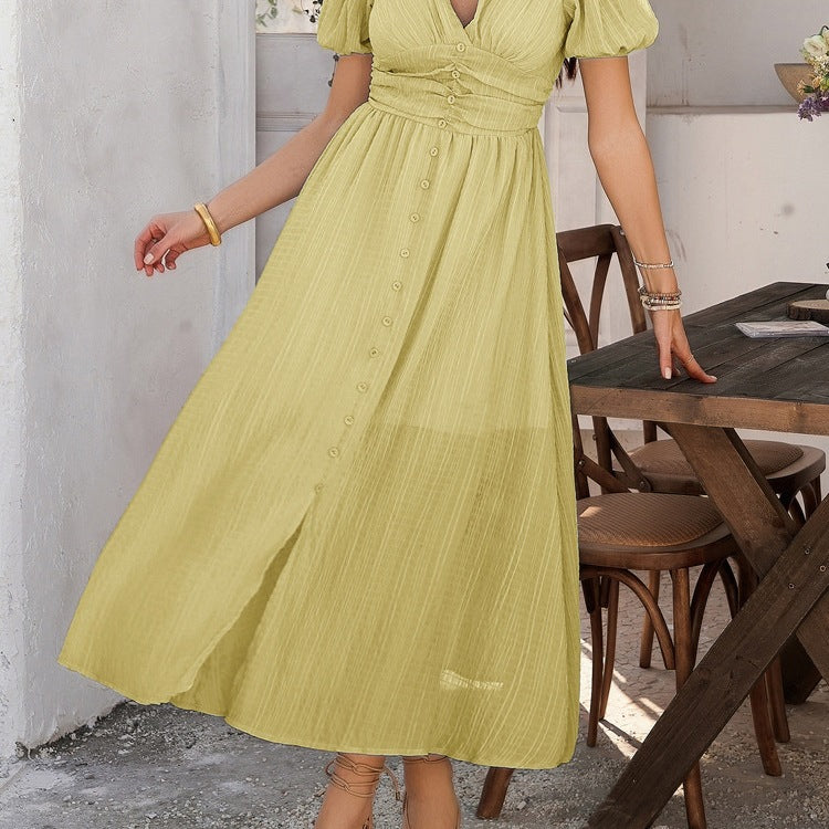 Damen Maxikleid mit voluminösen Puffärmeln und Knopfdetails Drune