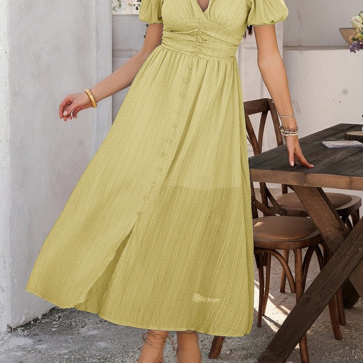 Damen Maxikleid mit voluminösen Puffärmeln und Knopfdetails Drune
