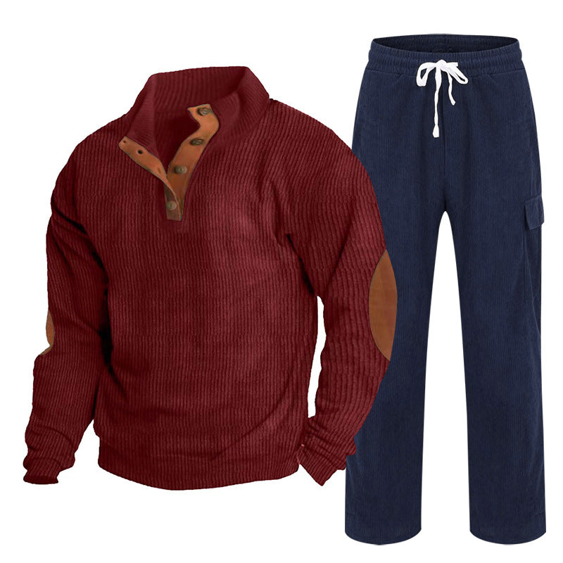 Herren Gemütliches Freizeit-Set aus Waffelstrick-Henley mit Ellenbogenpatch und Relax-Cargo-Hose Drune