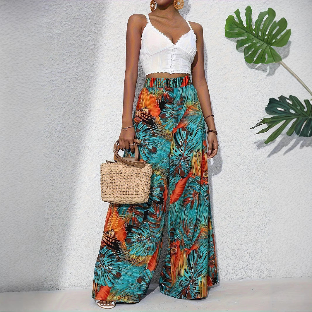Damen Palazzo-Hose mit lebendigem Palmenmuster und elastischem High-Waist-Bund Drune