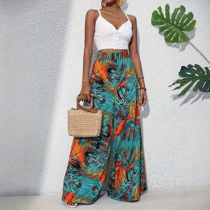 Damen Palazzo-Hose mit lebendigem Palmenmuster und elastischem High-Waist-Bund Drune