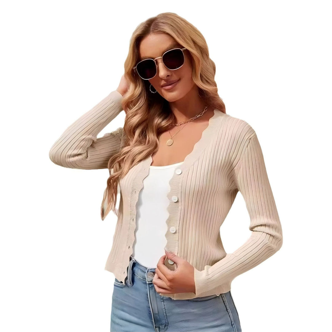 Damen Feiner Rippstrick Cropped-Cardigan mit Wellensaum und dekorativer Knopfleiste Drune