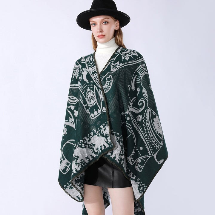 Damen Jacquard-Kimono-Cape aus Wollmix mit ornamentalen Tiermotiven Drune