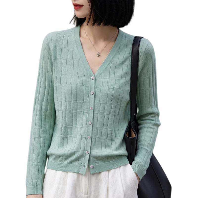 Damen V‑Ausschnitt-Feinstrickcardigan mit strukturierter Blockoptik und durchgehender Knopfleiste Drune