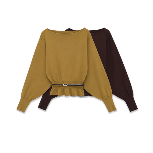 Damen nan Fledermaus-Pullover mit weitem Ärmel, gerafftem Taillenbund und schmalem Gürtel Drune