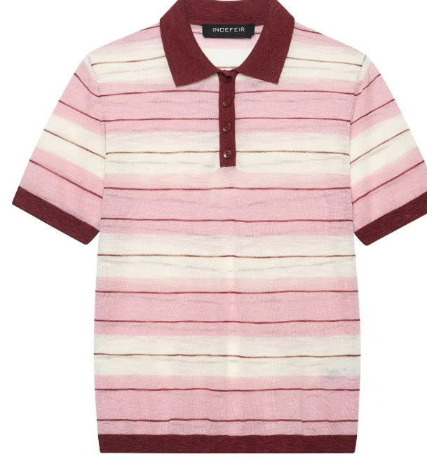 Damen Kurzärmeliges gestreiftes Strick‑Poloshirt mit Rippkragen und Knopfleiste Drune