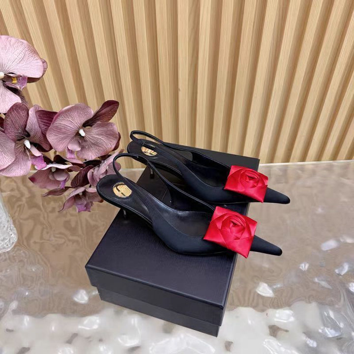 Damen spitze Slingback-Stilettos mit Satin-Rosenapplikation Drune