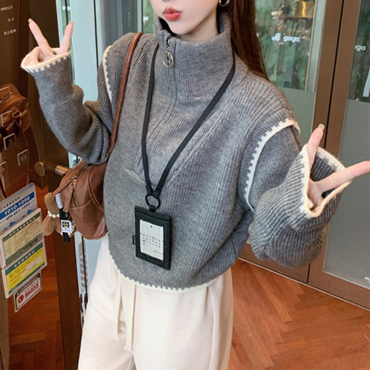 Damen modischer Pullover mit hochgeschlossenem Kragen und besonderen Ärmelabschlüssen Drune