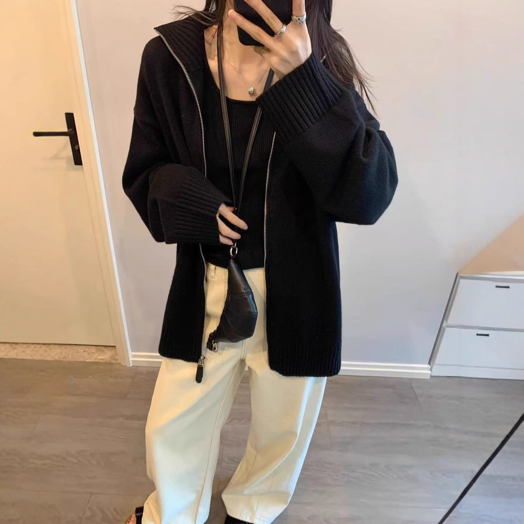 Damen doppelreihiger Strickjacke mit hohem Kragen und praktischen Taschen Drune