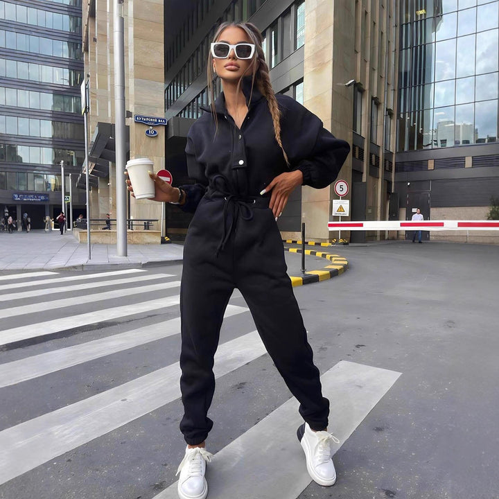 Damen taillierter Velours-Jumpsuit mit Tunnelzug Stehkragen und elastischen Bündchen Drune