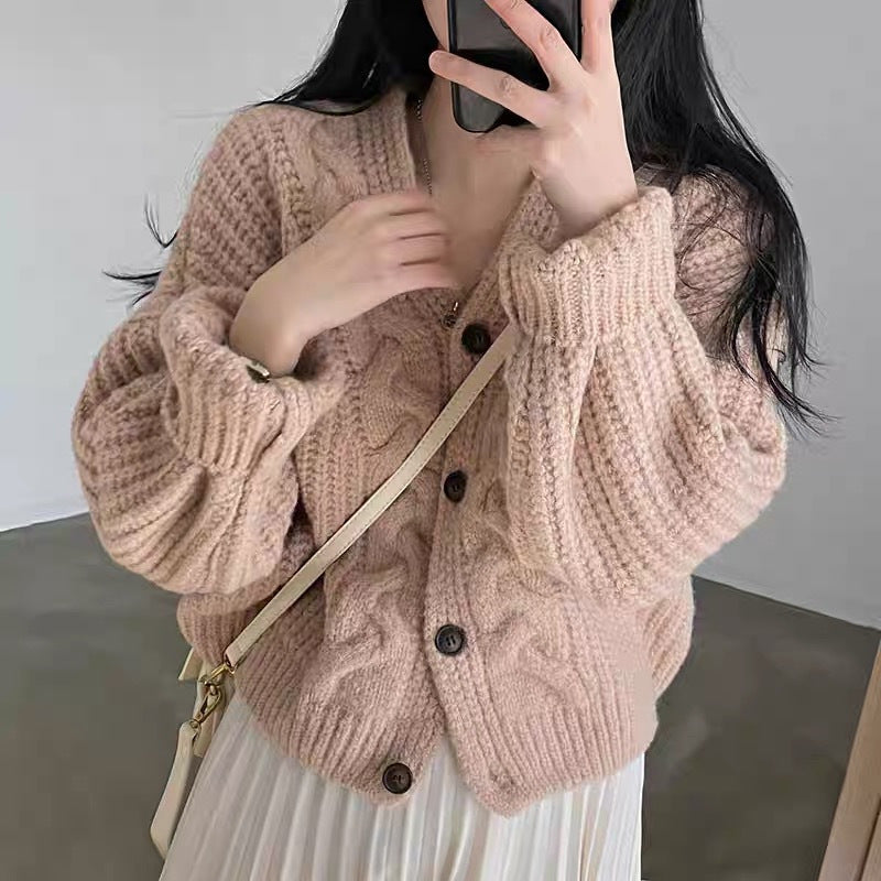 Damen kuschelige Strickjacke mit Zopfmuster und elastischen Ärmeln Drune