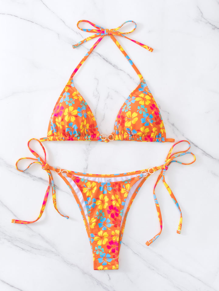 Damen Triangel-Bikini mit floralem Print und verstellbaren Schnüren Drune