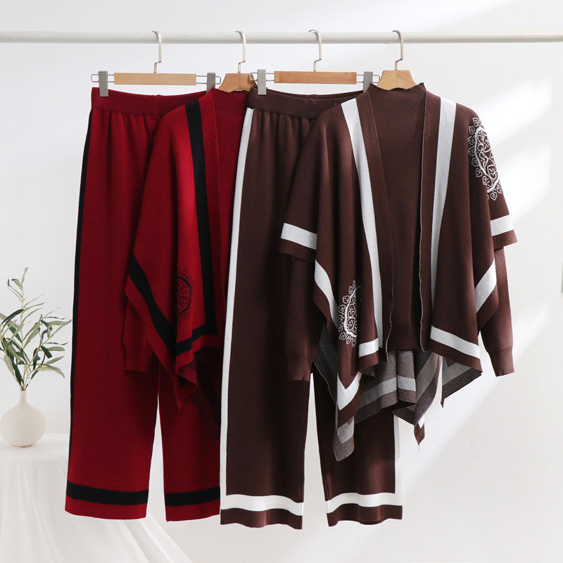 Damen elegantes Strick-Loungewear-Set mit grafischem Muster und weiten Ärmeln Drune