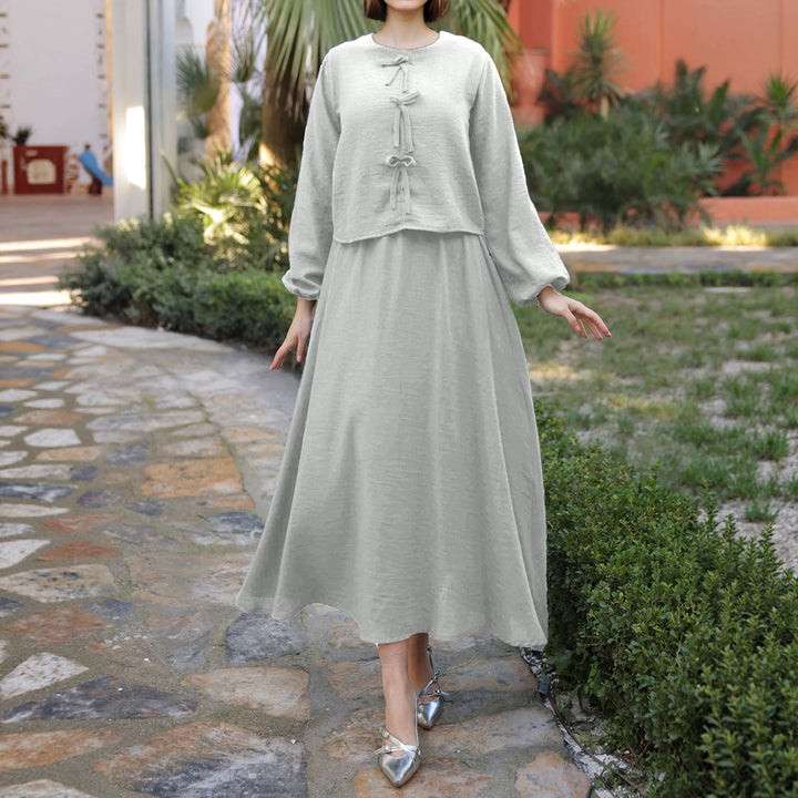 Damen Langes Zweiteiliges Maxikleid mit Überwurf, Rundhals und Zierknoten Drune