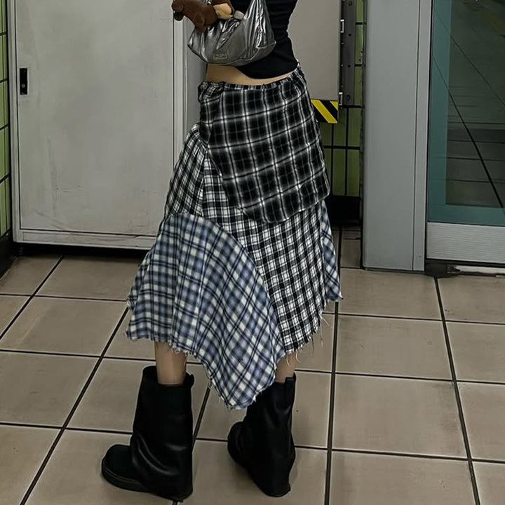 Damen Asymmetrischer Midirock im Karo-Patchwork mit Bundschärpe Drune