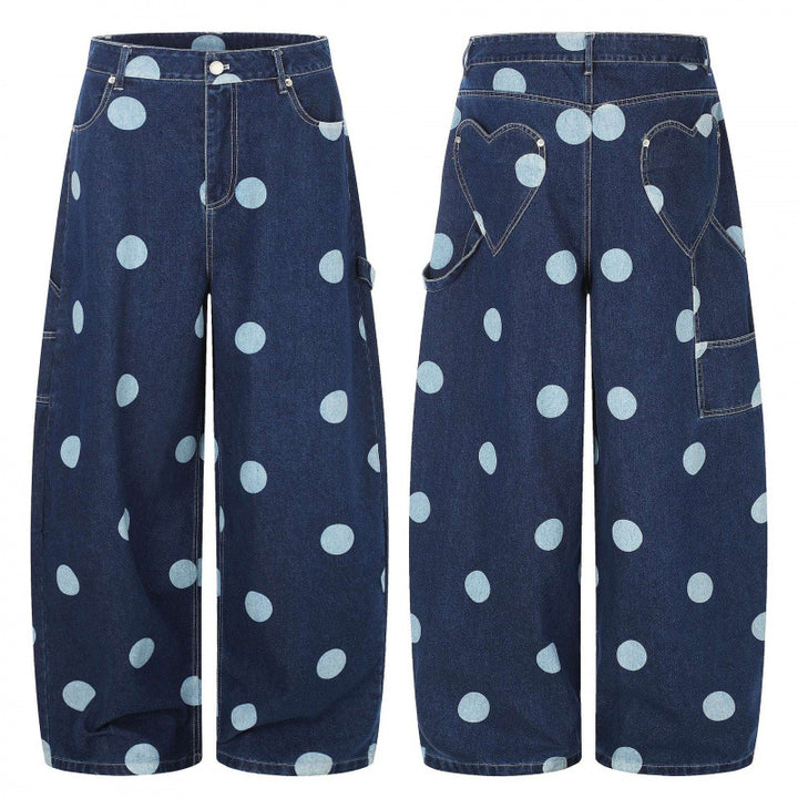 Damen Weite Cropped-Jeans mit hoher Taille, Polka‑Dot‑Print und Carpenter‑Details Drune