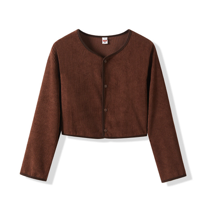 Damen Cropped Rundhals-Cardigan mit Druckknöpfen aus geripptem Strick Drune