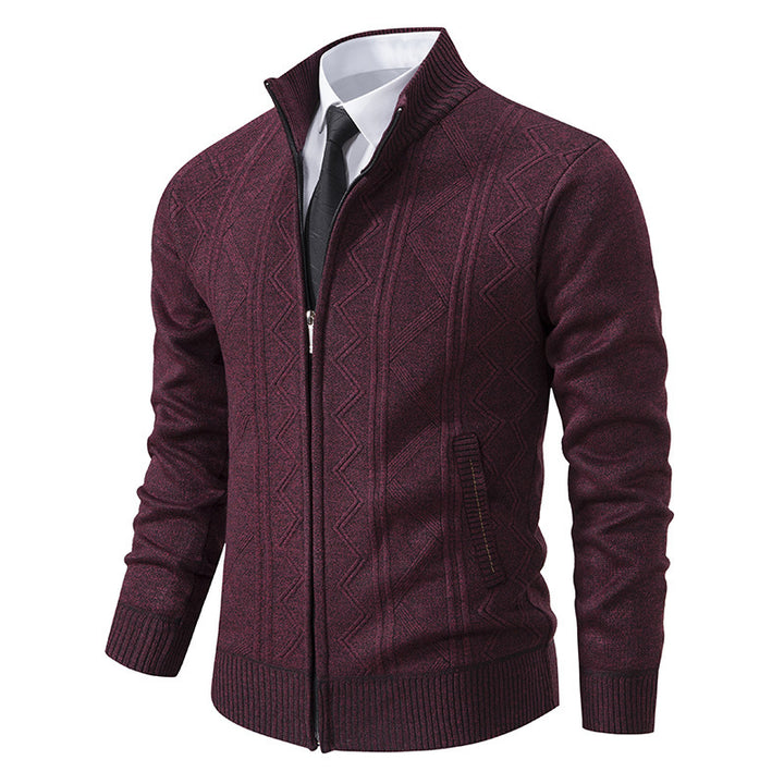 Herren Strukturiertes Feinstrick-Zipcardigan mit Stehkragen und geometrischem Zopfmuster Drune
