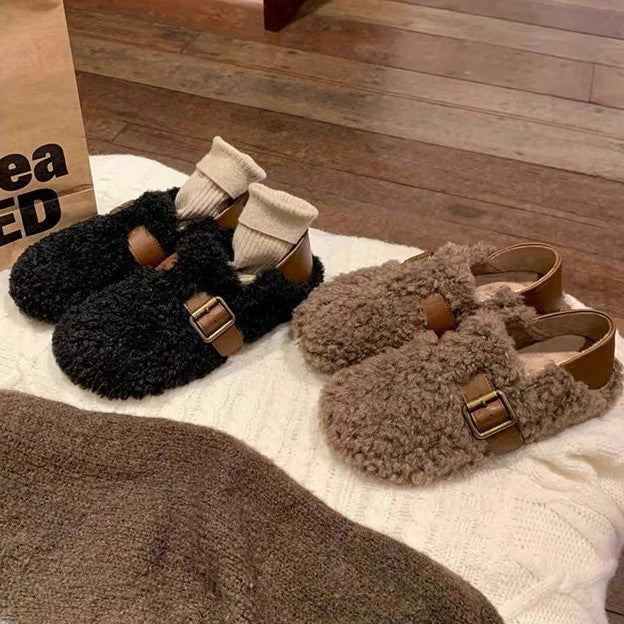 Damen Gefütterte Teddy-Flausch Mules mit verstellbarer Metallschnalle und Fersenriemen Drune