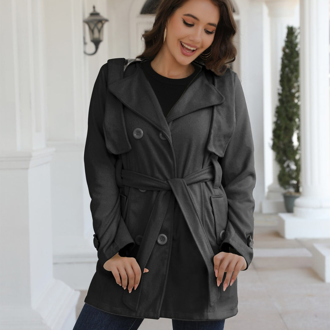Damen Doppelreihiger Trenchcoat mit Kapuze, Taillengürtel & breitem Revers Drune